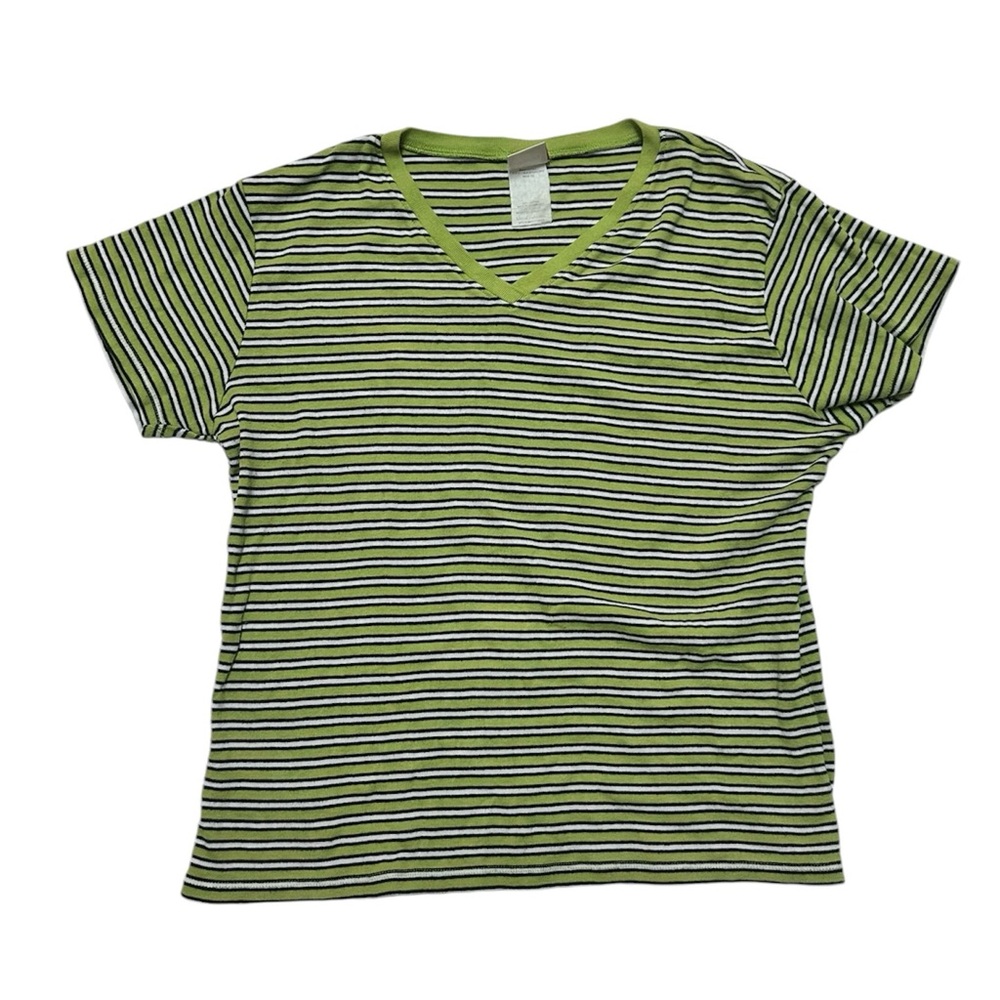 Vintage Hanes Green Striped V Neck Short sleeve Shirt Size L